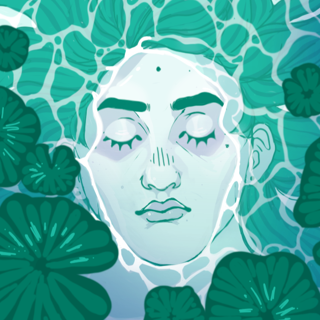 a woman's face serenely floats in a green pond, surrounded by lilly pads.